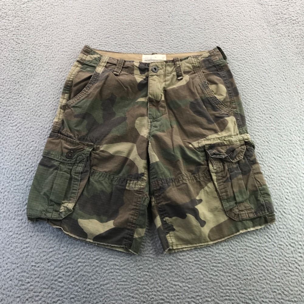 Vtg American Eagle Shorts Mens 30 Green Camouflage Cargo Faded Y2K Grunge Skater